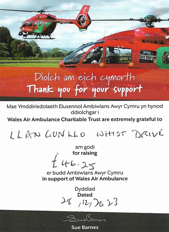 Donation to Wales Air Ambulance from Llangunllo Whist Drives.